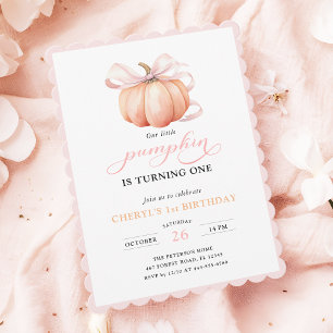 Rosa Orange Pumpkin Bow Girl First Birthday Inbjudningar