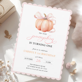 Rosa Orange Pumpkin Bow Girl First Birthday Inbjudningar
