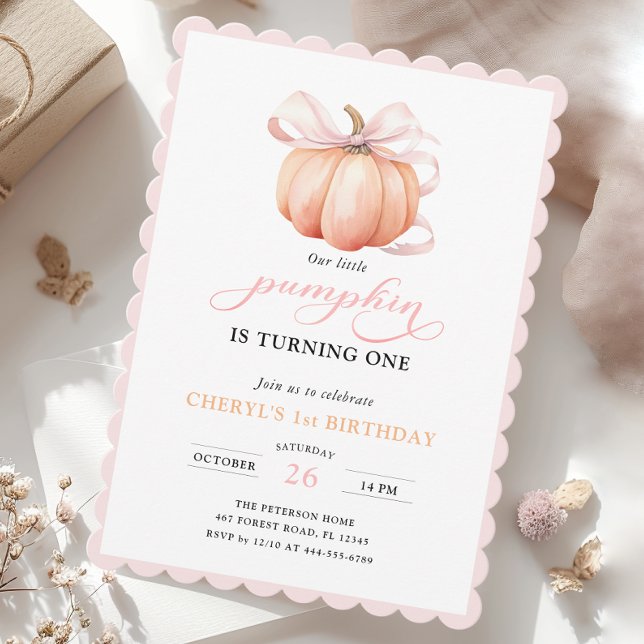 Rosa Orange Pumpkin Bow Girl First Birthday Inbjudningar (Skapare uppladdad)