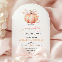 Rosa Orange Pumpkin Bow Girl First Birthday Inbjudningar