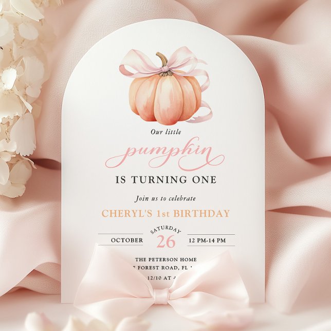 Rosa Orange Pumpkin Bow Girl First Birthday Inbjudningar (Skapare uppladdad)