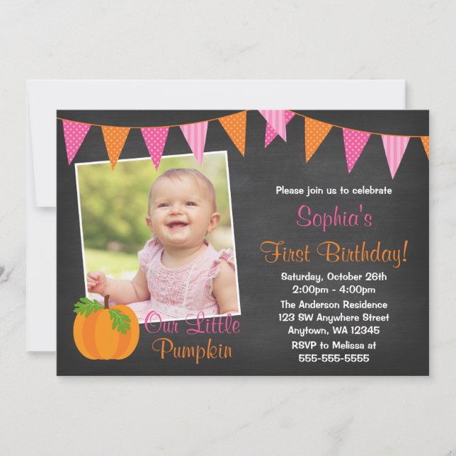 Rosa Orange Pumpkin Chalkboard Girl Birthday Inbjudningar (Framsida)