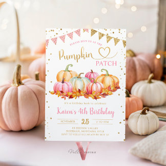 Rosa Orange Pumpkin Patch Guld Glitter födelsedag Inbjudningar