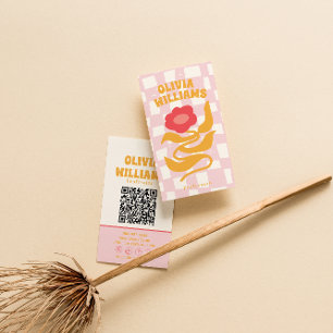 Rosa Orange QR-kod Groovy Rutig Blommig Tjejig Visitkort