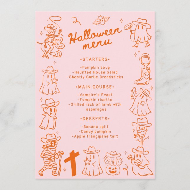 Rosa Orange Quirky Hand plockade Doodles Halloween Meny (Framsida)