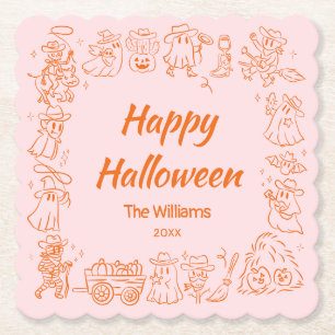 Rosa Orange Quirky Hand plockade Doodles Halloween Underlägg Papper