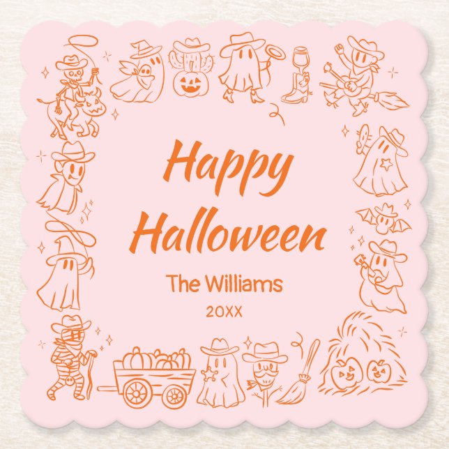 Rosa Orange Quirky Hand plockade Doodles Halloween Underlägg Papper (Framsida)