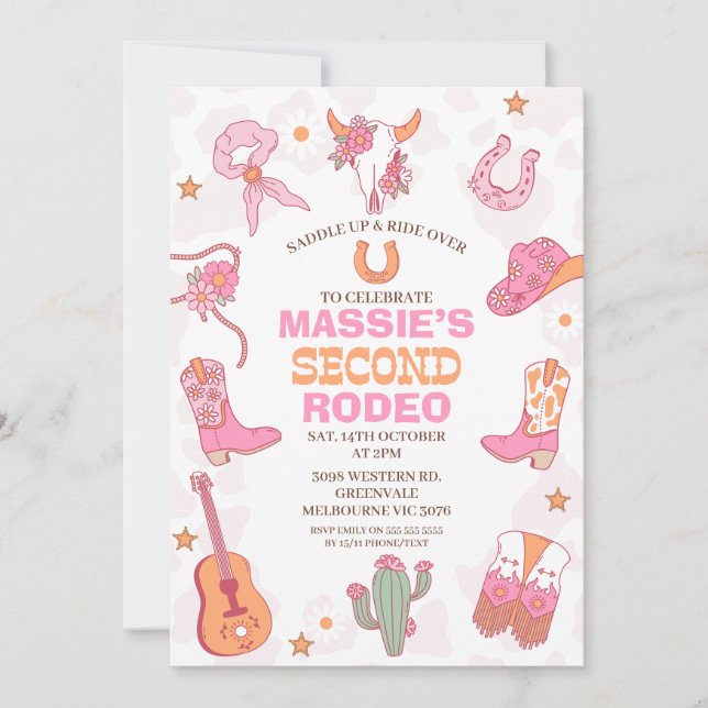 Rosa Orange Retro 2:a Rodeo Födelsedag  Inbjudningar (Framsida)