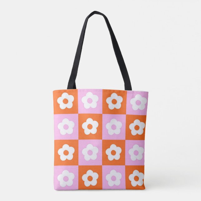 Rosa Orange Retro Illustrated Flower Cute Tote Bag Tygkasse (Baksida)