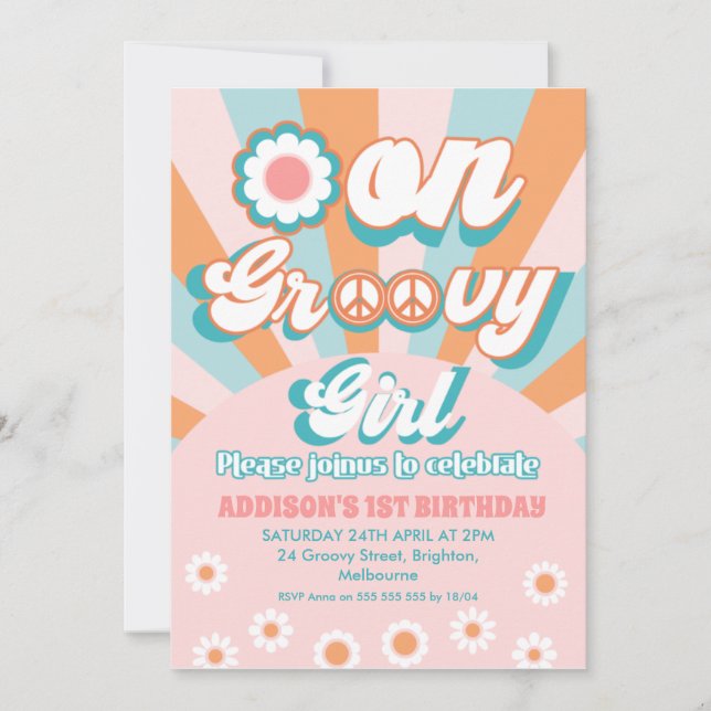 Rosa Orange Retro One Groovy Girl 1st Birthday Inbjudningar (Framsida)