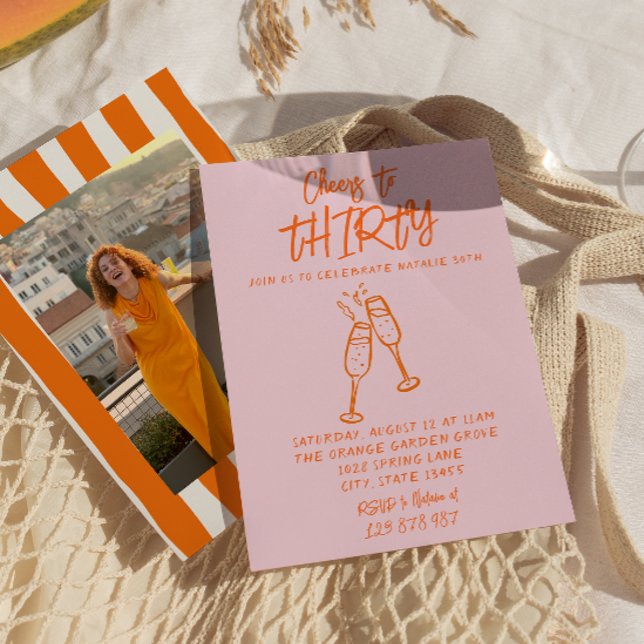Rosa Orange Ritad 30:e Whimsical Photo Birthday Inbjudningar (Skapare uppladdad)