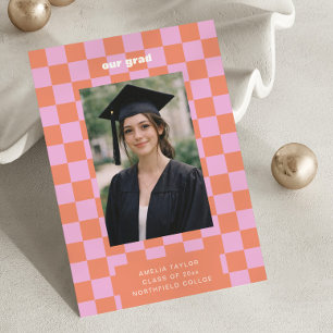 Rosa Orange Rutigt Retro Foto Vår Examenskandidat  Meddelande