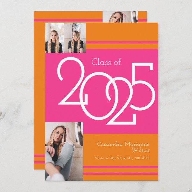 Rosa Orange School Färg Studenten avisering Inbjudningar (Fram/baksida)