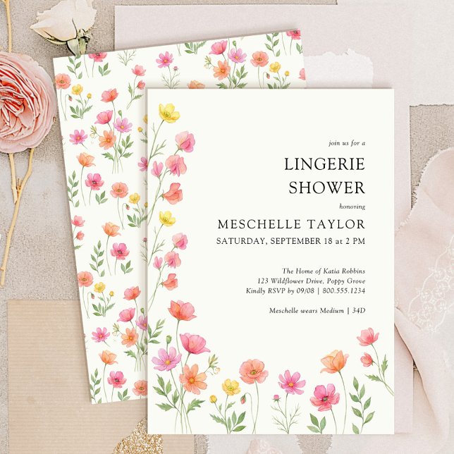Rosa Orange Snygg Blommig Bröllop Underkläder Brud Inbjudningar (Pink Orange Flowers Lingerie Shower Invitation from Wildflower Bloom collection by Darling & May)