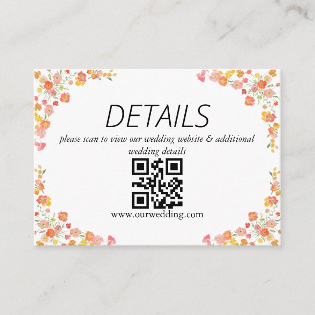 Rosa & Orange Sommarblommig Bröllops QR-kod Tilläggskort (Framsida)