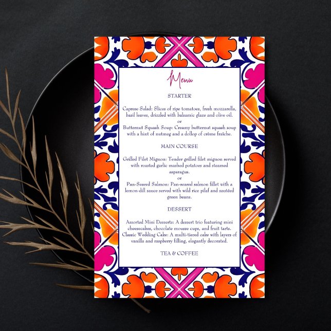 Rosa orange Talavera vintage, mexikanskt menykort (Pink orange blue folk Talavera Spanish vintage Mexican wedding menu card personalized table decor )