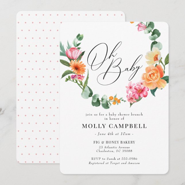 Rosa Orange Tropiskt fotavfall Utandning Babykläde Inbjudningar (Fram/baksida)