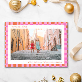 Rosa Orange Unik Retro Schackbräde Två Foto  Julkort