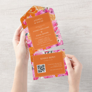 Rosa Orange VattenfärgsBlommigt QR-kod Bröllop