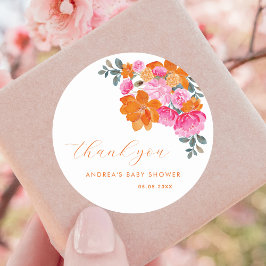 Rosa Orange Vibrant Blommigt Baby Shower Tack Runt Klistermärke