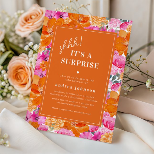 Rosa Orange Vibrant Garden Surprise Födelsedagsfes Inbjudningar (Skapare uppladdad)