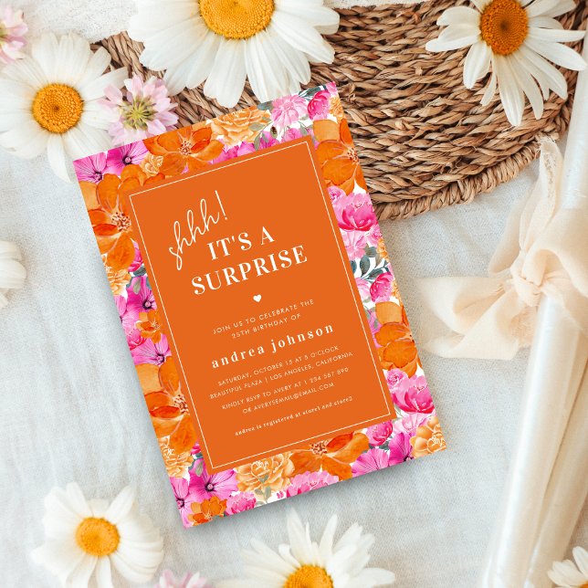 Rosa Orange Vibrant Garden Surprise Födelsedagsfes Inbjudningar (Skapare uppladdad)