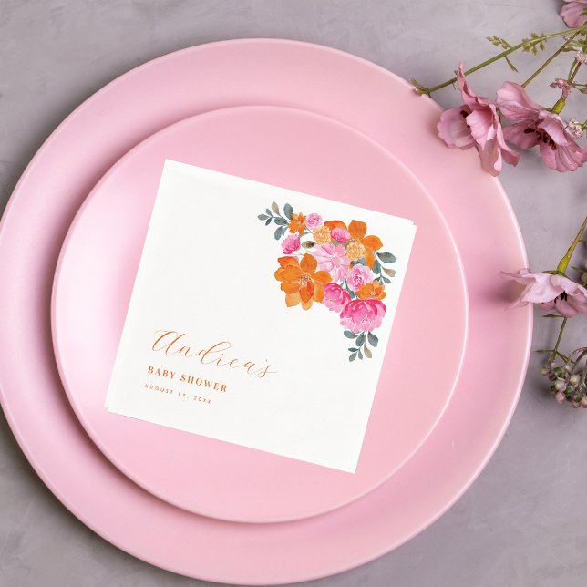 Rosa & Orange Vibrant Summer Blommigt Baby Shower Pappersservett (Skapare uppladdad)