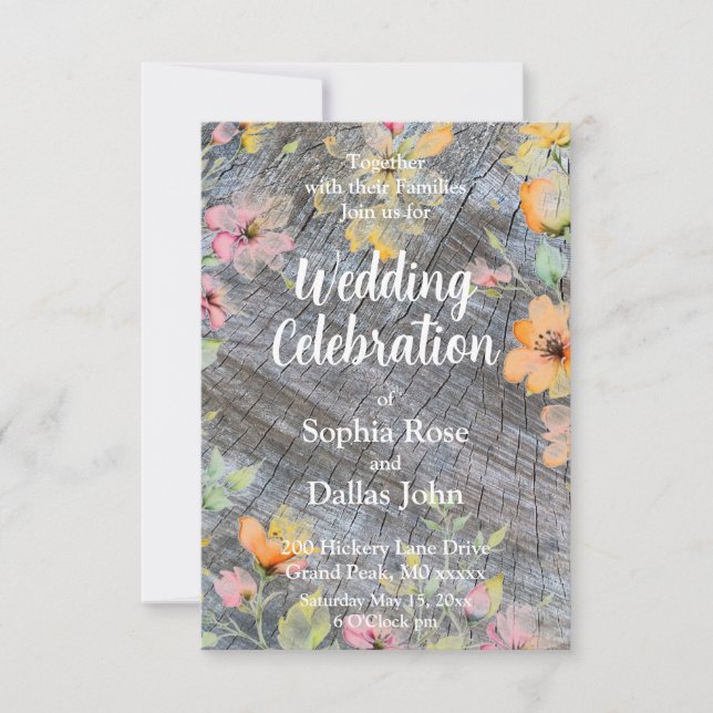 Rosa orange vilda blommor, rustiskt trä, mönster inbjudningar (Framsida)