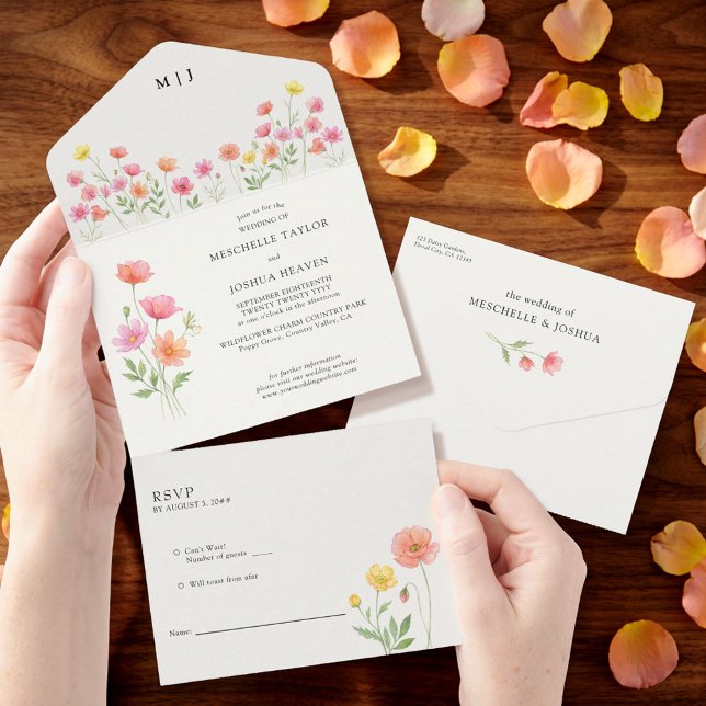 Rosa Orange Vildblomma Blommar Sigill och Sänd Brö (Pink Orange Floral Seal & Send Wedding Invitation from Wildflower Bloom collection by Darling & May)