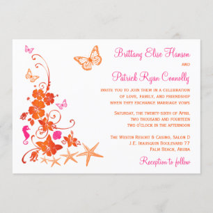 Rosa, Orange, Vit tropisk Beach Wedding Inbjudan