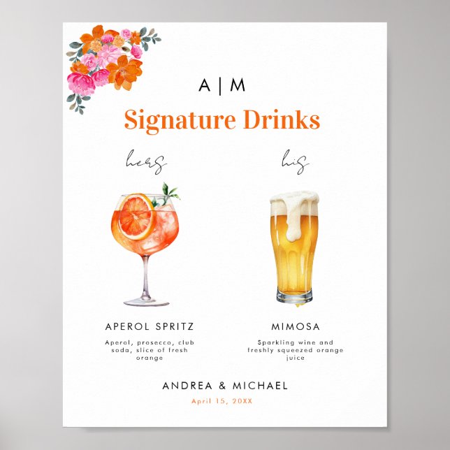 Rosa Orangefarbene Signatur Drink Cocktail Hochze Poster (Framsidan)