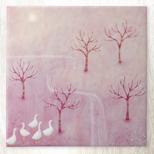 Rosa Orchard med målning av gästlandskapet Kakelplatta (Landscape orchard geese art ceramic tile
)