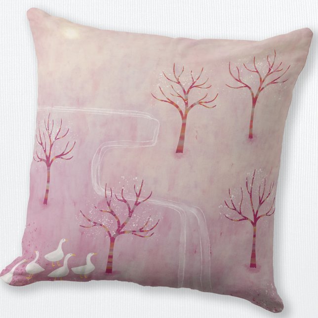 Rosa Orchard med målning av gästlandskapet Kudde (Geese in the Orchard pink landscape art throw pillow)