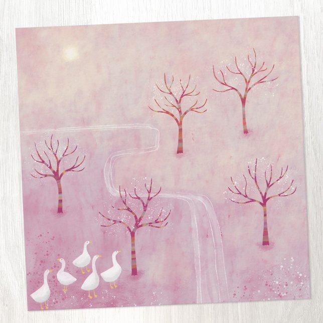 Rosa Orchard med målningskort för gästlandskap (Modern landscape painting of geese in an orchard in pink.  Contemporary art greetings card.)