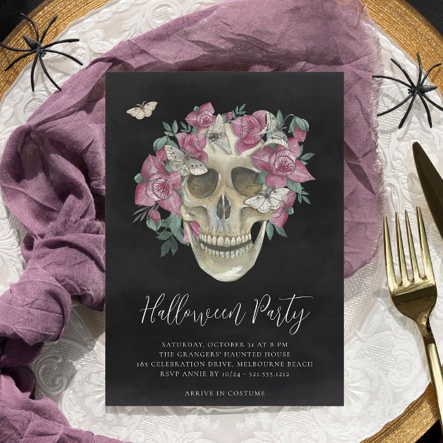 Rosa Orchid Blommigt Skull Halloween fest Inbjudningar (Skapare uppladdad)