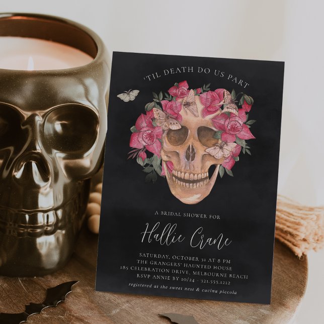 Rosa Orchid Blommigt Skull Halloween-Möhippa Inbjudningar (Skapare uppladdad)