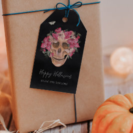 Rosa Orchid Blommigt Skull Personlig Halloween Presentetikett