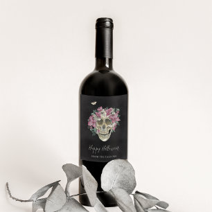 Rosa Orchid Blommigt Skull Personlig Halloween Vinflaska Etikett