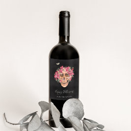 Rosa Orchid Blommigt Skull Personlig Halloween Vinflaska Etikett