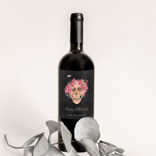 Rosa Orchid Blommigt Skull Personlig Halloween Vinflaska Etikett