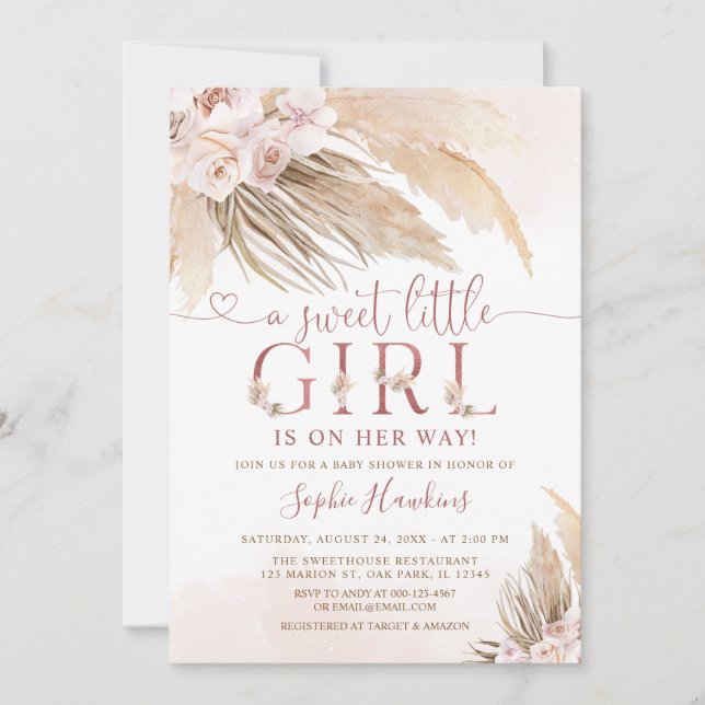 Rosa Orchid Boho Pampas Grass Girl Baby Shower Inbjudningar (Framsida)