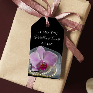 Rosa Orchid och Pearls on Black WedFavor Märkres Presentetikett