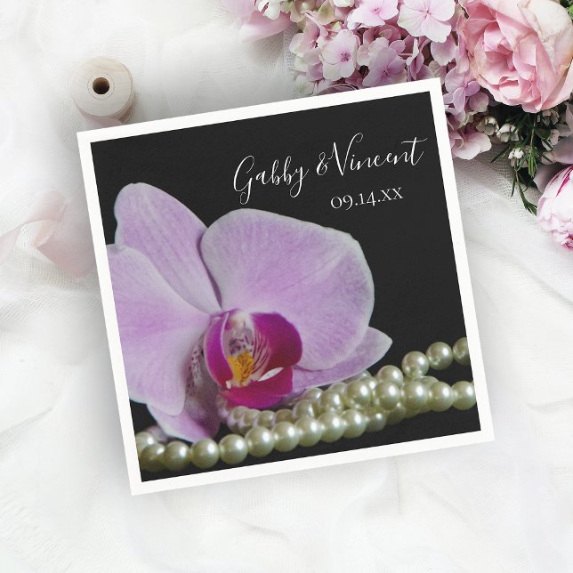 Rosa Orchid och Pearls på Black Bröllop Pappersservett (Skapare uppladdad)