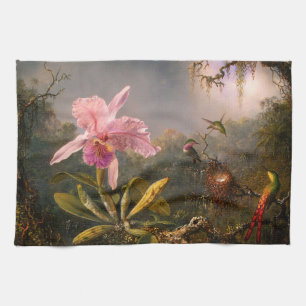 Rosa Orchid och tre Hummingbird Kitchen Towel Kökshandduk