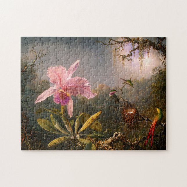 Rosa Orchid och tre Hummingbird Puzzle Pussel (Horisontell)