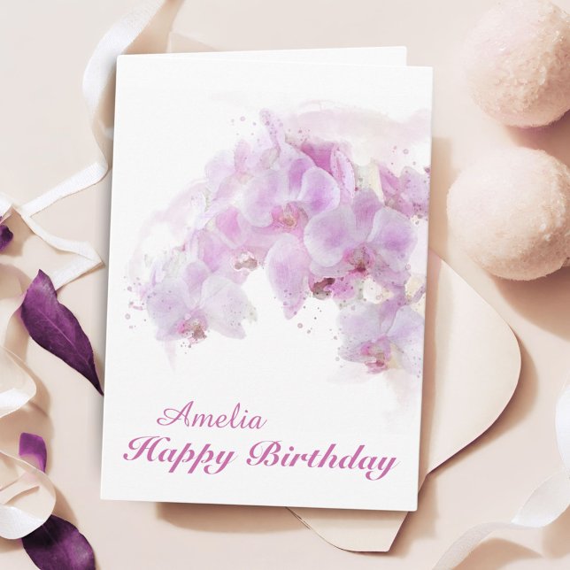 Rosa Orchid Watercolor Flower Birthday Kort (Skapare uppladdad)