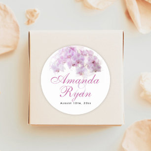 Rosa Orchid Watercolor Flower Blommigt Bröllop Runt Klistermärke