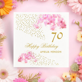Rosa Orchid Watercolor Guld Glitter 70:e födelseda Pappersservett