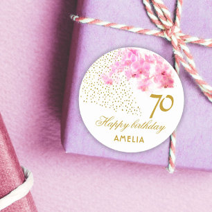 Rosa Orchid Watercolor Guld Glitter 70:e födelseda Runt Klistermärke