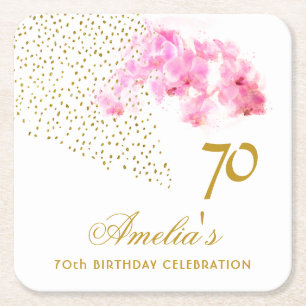 Rosa Orchid Watercolor Guld Glitter 70:e födelseda Underlägg Papper Kvadrat